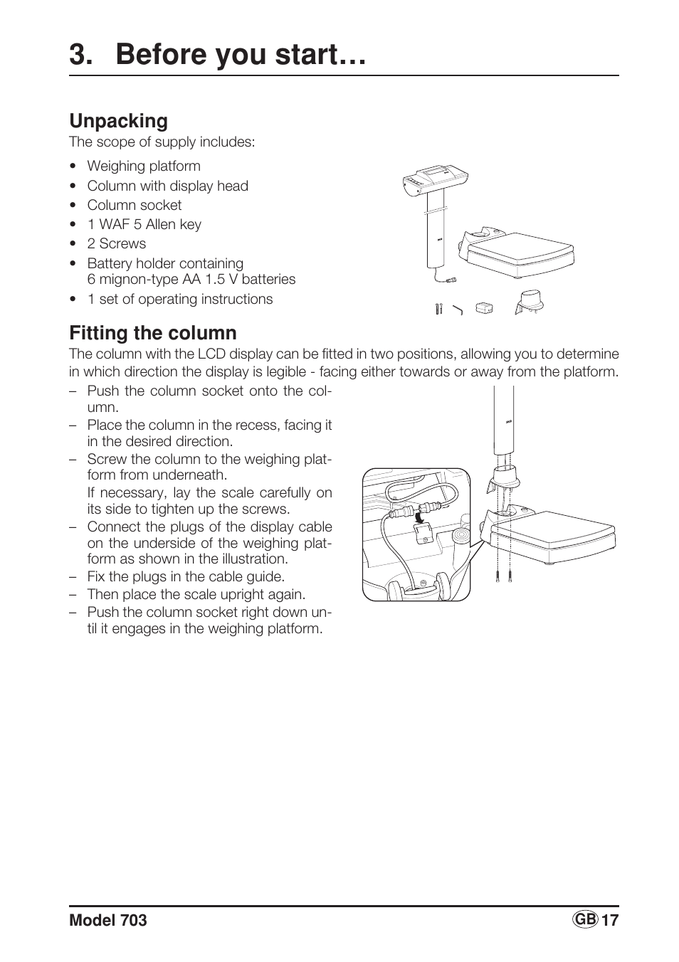Before you start, Unpacking, Fitting the column | Seca 703 User Manual | Page 17 / 102