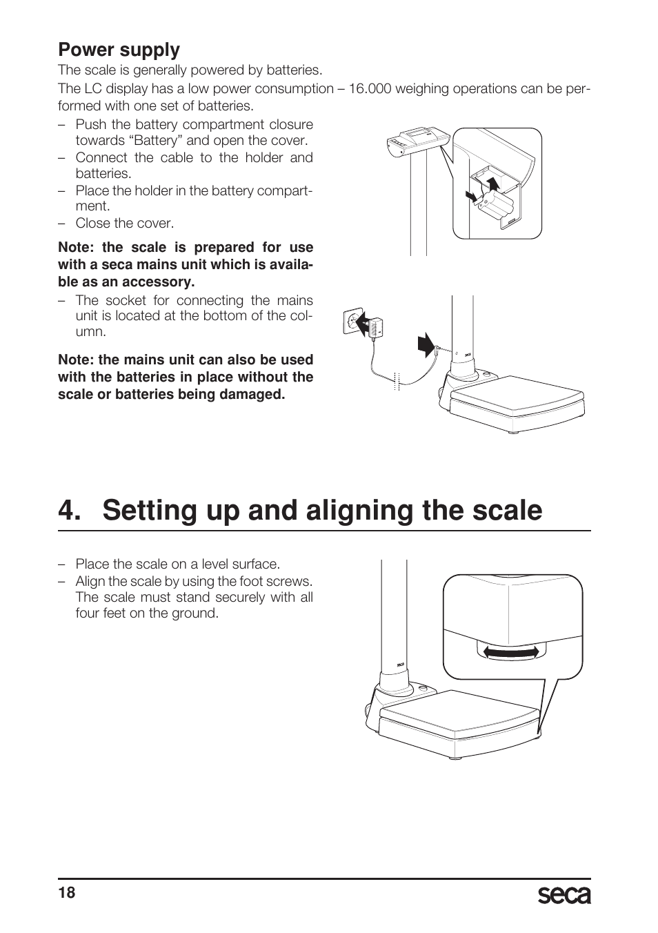 Setting up and aligning the scale, Power supply | Seca 703 User Manual | Page 18 / 102