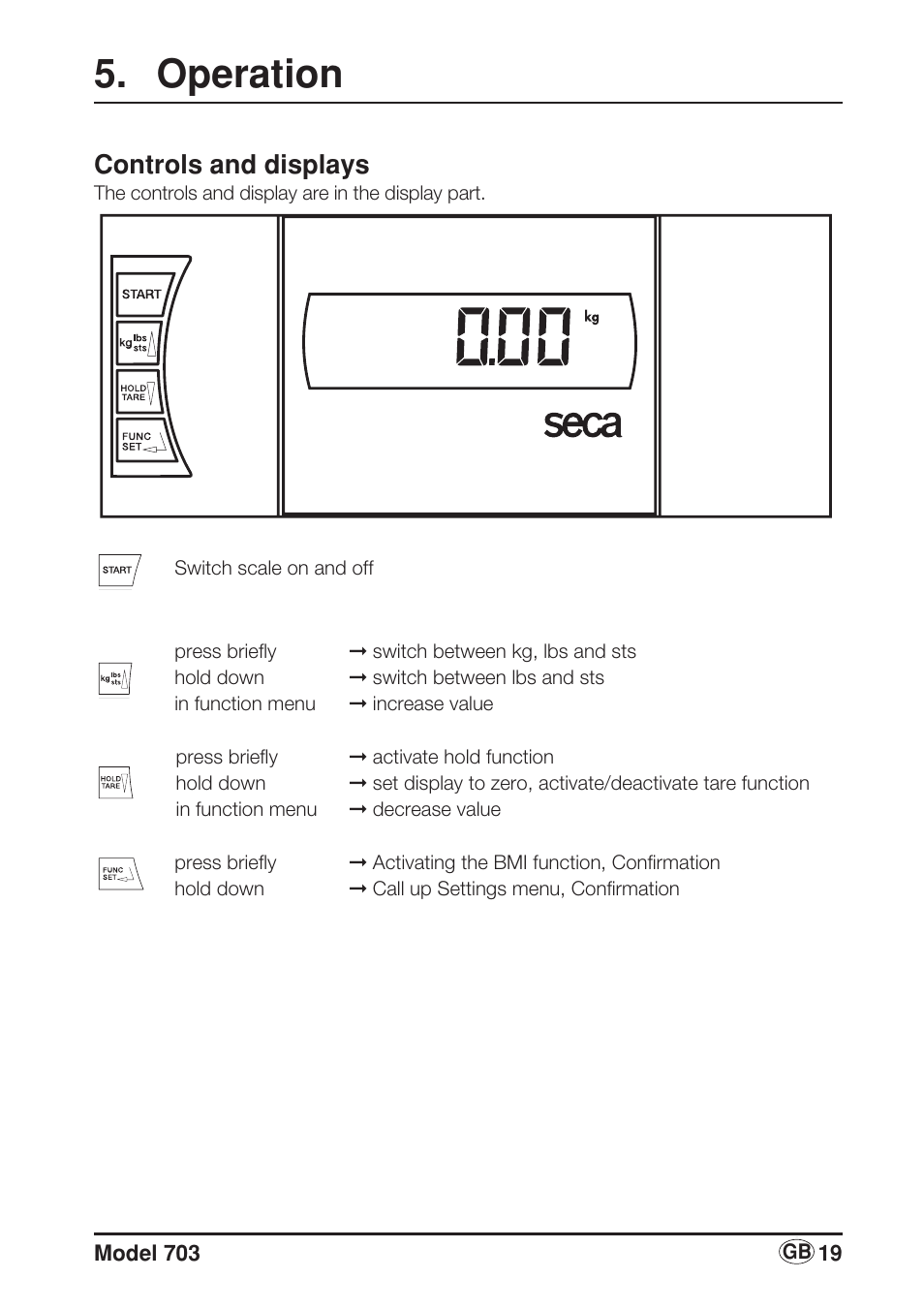 Operation, Controls and displays | Seca 703 User Manual | Page 19 / 102