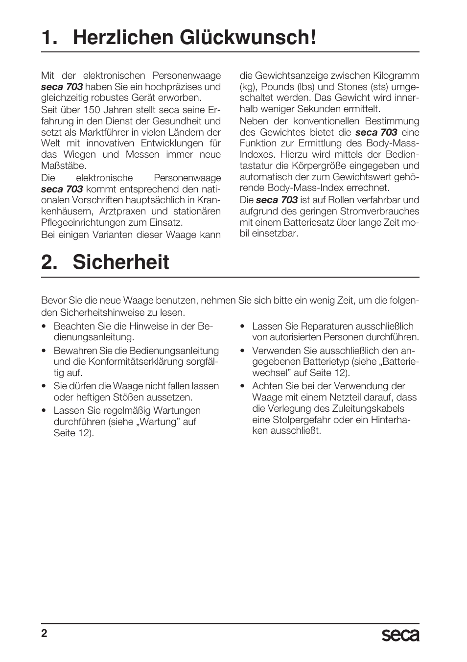 Deutsch, Herzlichen glückwunsch, Sicherheit | Seca 703 User Manual | Page 2 / 102