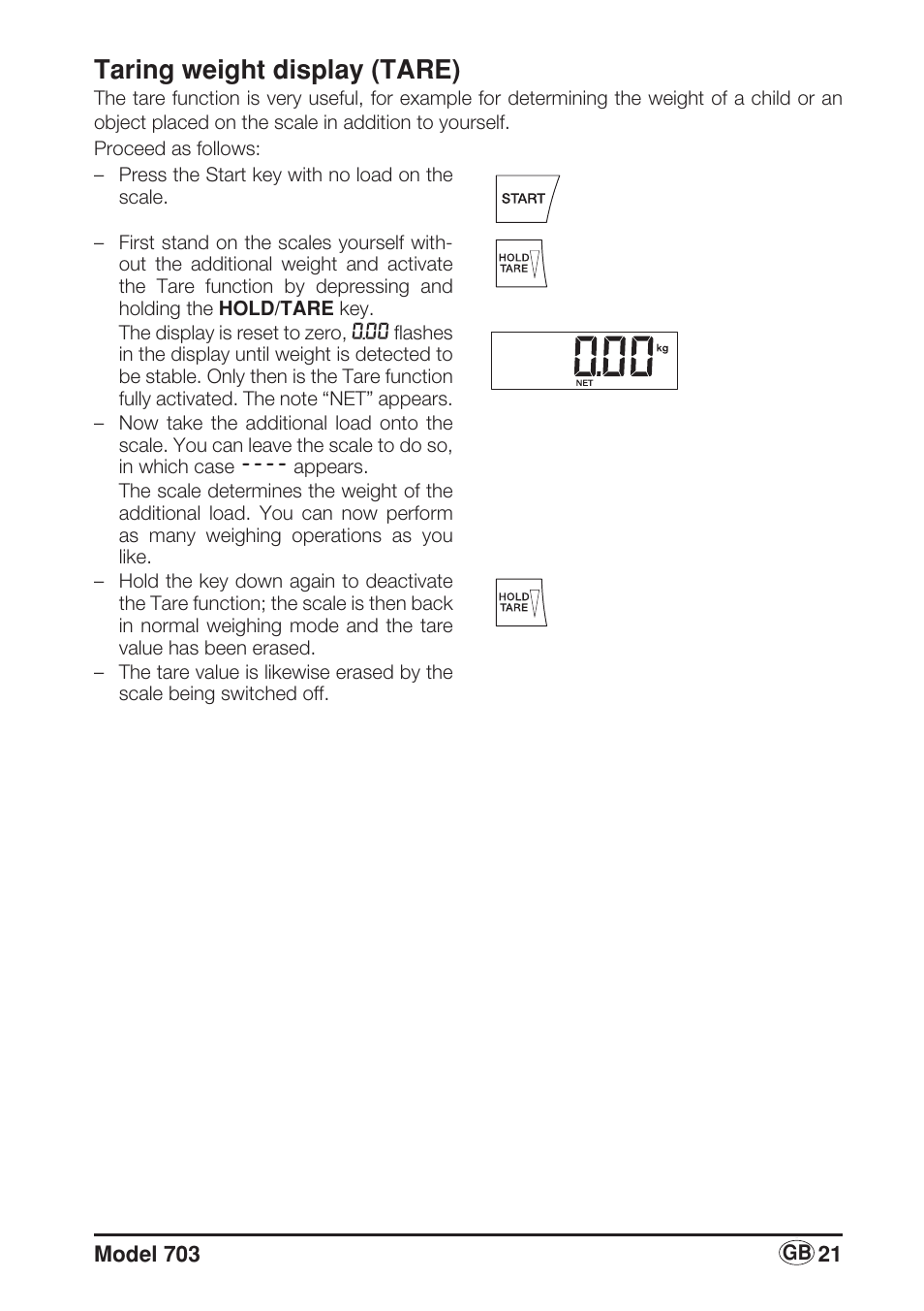 Taring weight display (tare) | Seca 703 User Manual | Page 21 / 102