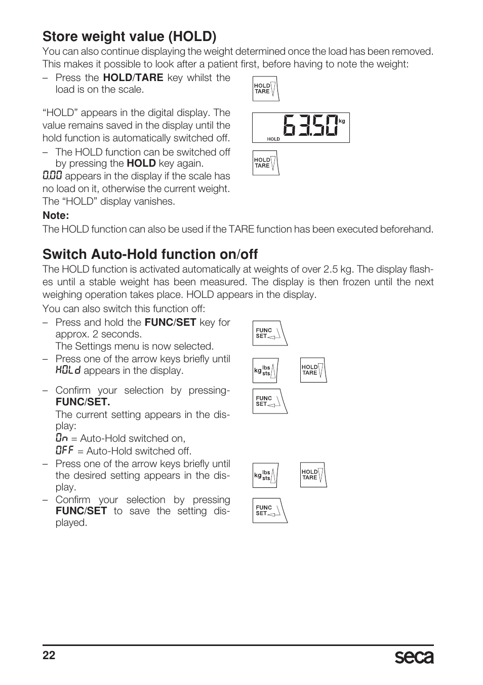 Store weight value (hold), Switch auto-hold function on/off | Seca 703 User Manual | Page 22 / 102