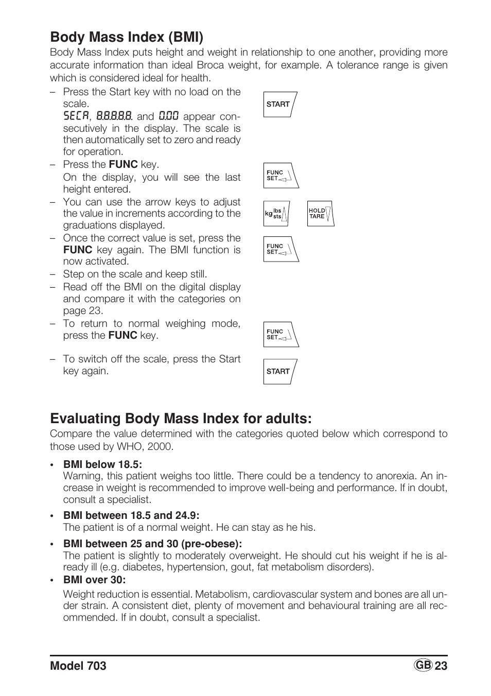 Body mass index (bmi), Evaluating body mass index for adults | Seca 703 User Manual | Page 23 / 102