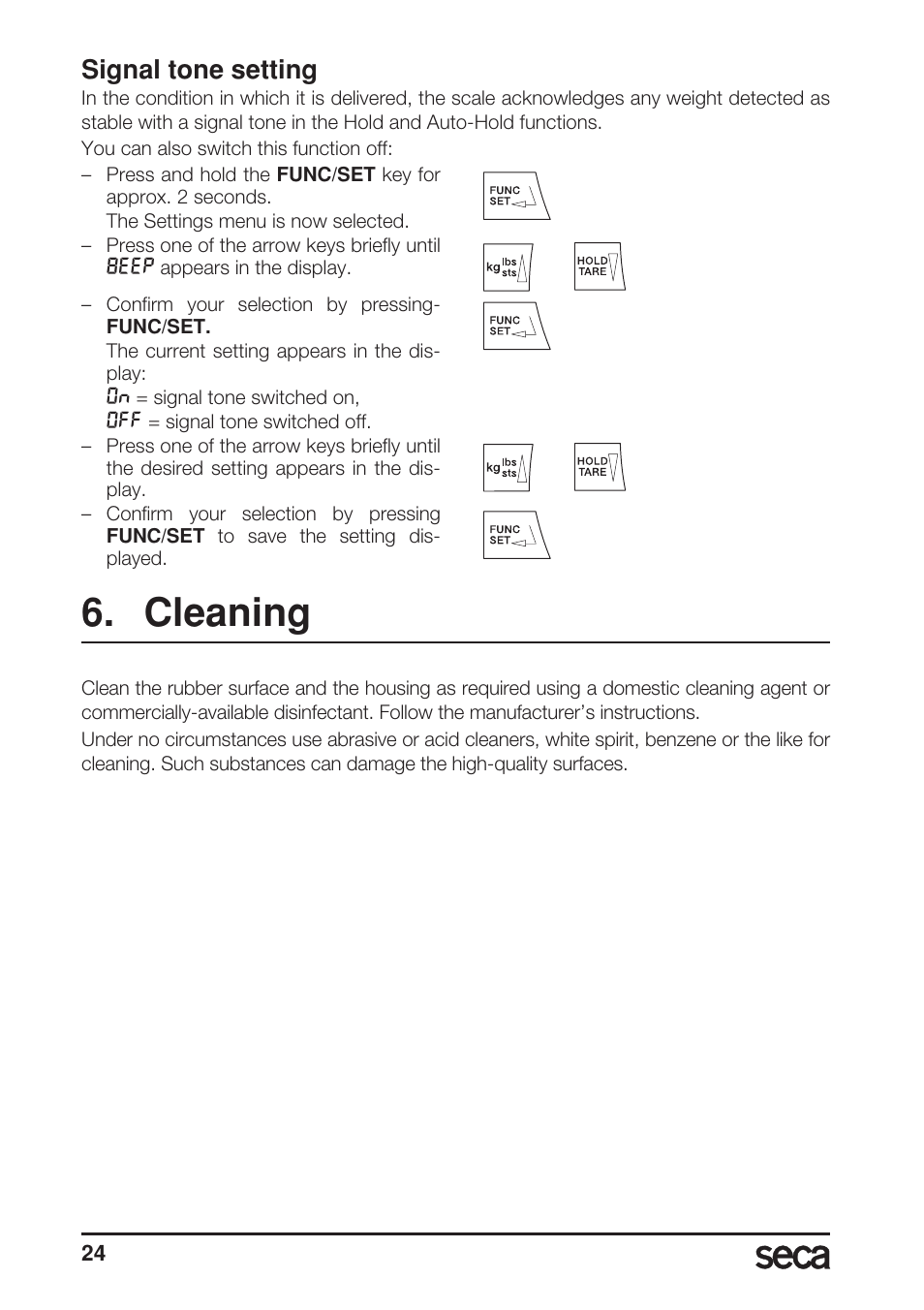 Signal tone setting, Cleaning | Seca 703 User Manual | Page 24 / 102