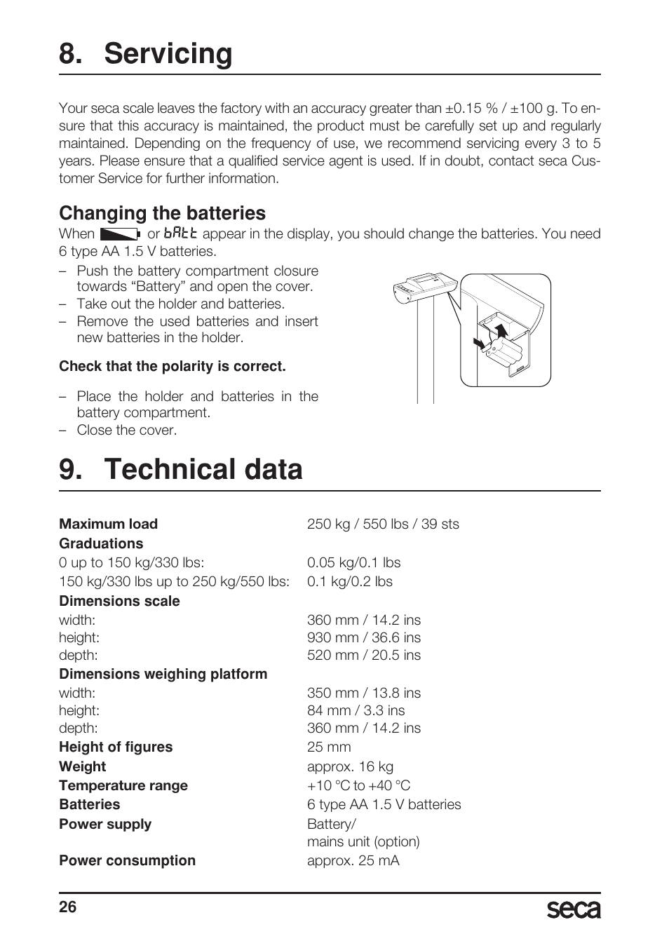 Servicing, Changing the batteries, Technical data | Seca 703 User Manual | Page 26 / 102