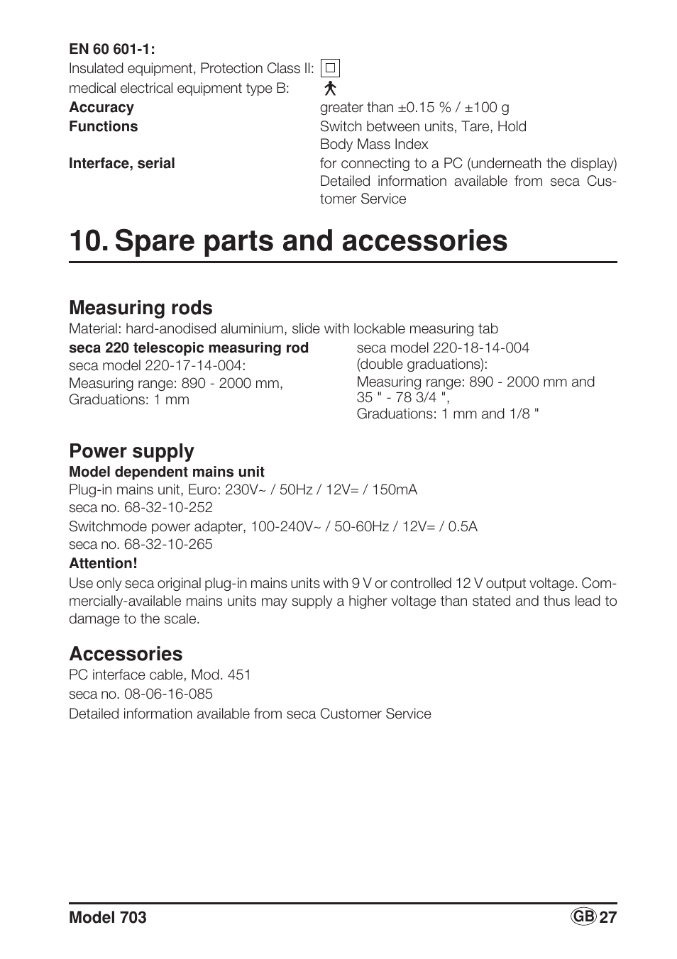 Spare parts and accessories, Measuring rods, Power supply | Accessories | Seca 703 User Manual | Page 27 / 102