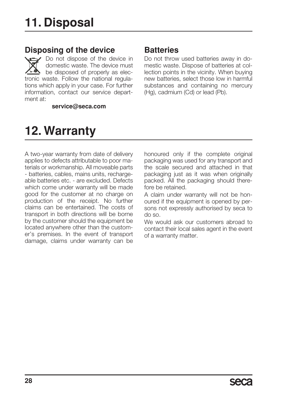 Disposal, Disposing of the device, Batteries | Warranty | Seca 703 User Manual | Page 28 / 102