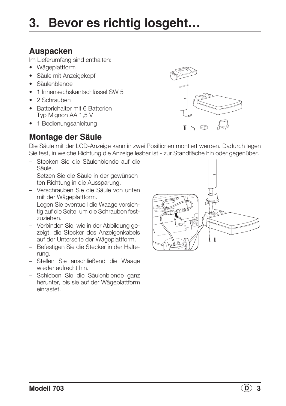 Bevor es richtig losgeht, Auspacken, Montage der säule | Seca 703 User Manual | Page 3 / 102