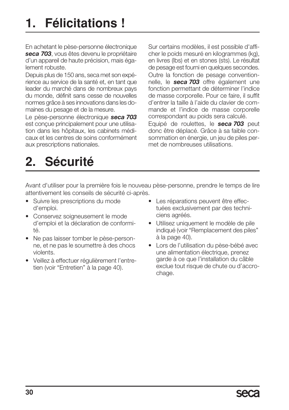 Français, Félicitations, Sécurité | Seca 703 User Manual | Page 30 / 102