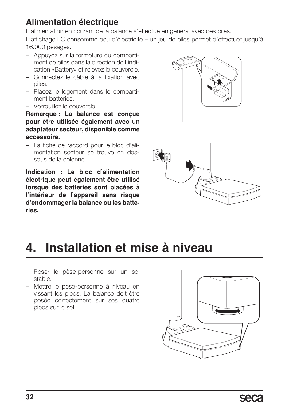 Installation et mise à niveau, Alimentation électrique | Seca 703 User Manual | Page 32 / 102