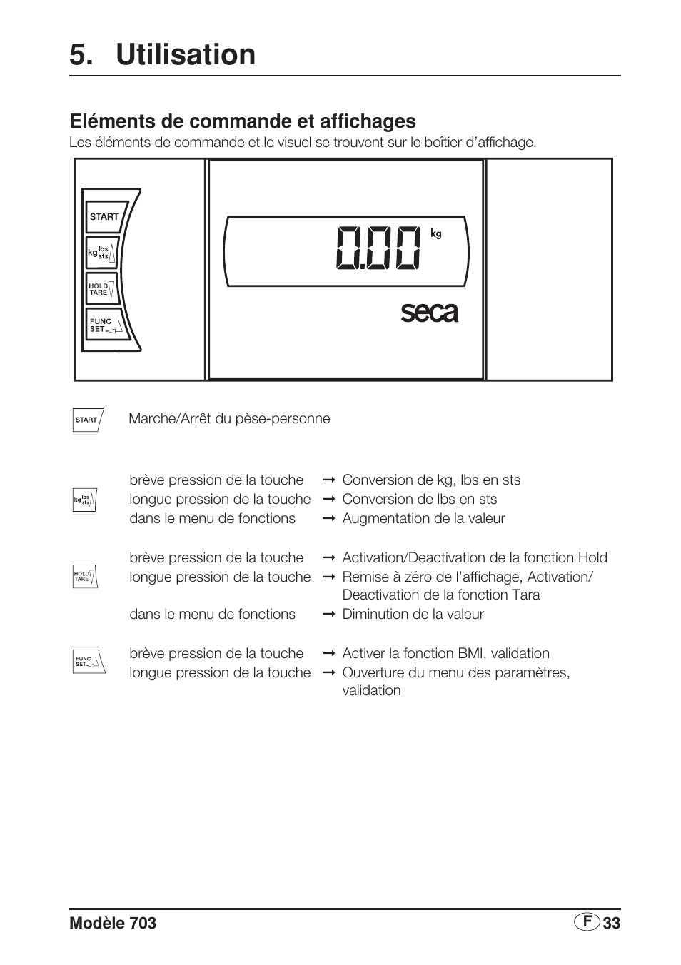 Utilisation, Eléments de commande et affichages | Seca 703 User Manual | Page 33 / 102