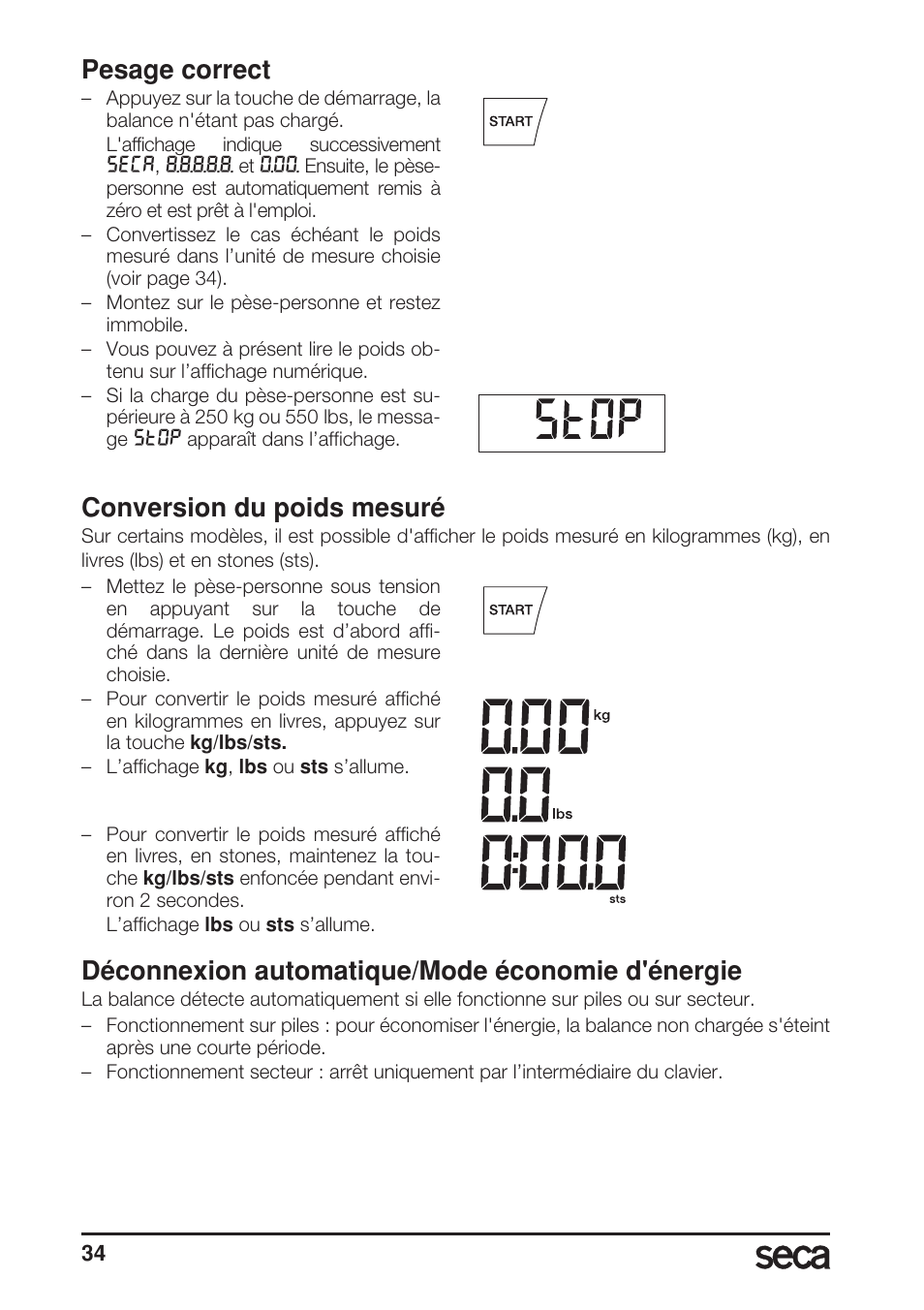 Pesage correct, Conversion du poids mesuré, Déconnexion automatique/mode économie d'énergie | Seca 703 User Manual | Page 34 / 102