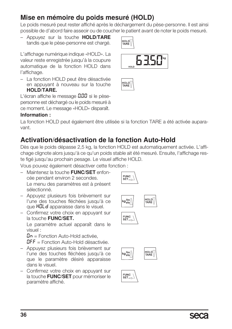 Mise en mémoire du poids mesuré (hold), Activation/désactivation de la fonction auto-hold | Seca 703 User Manual | Page 36 / 102