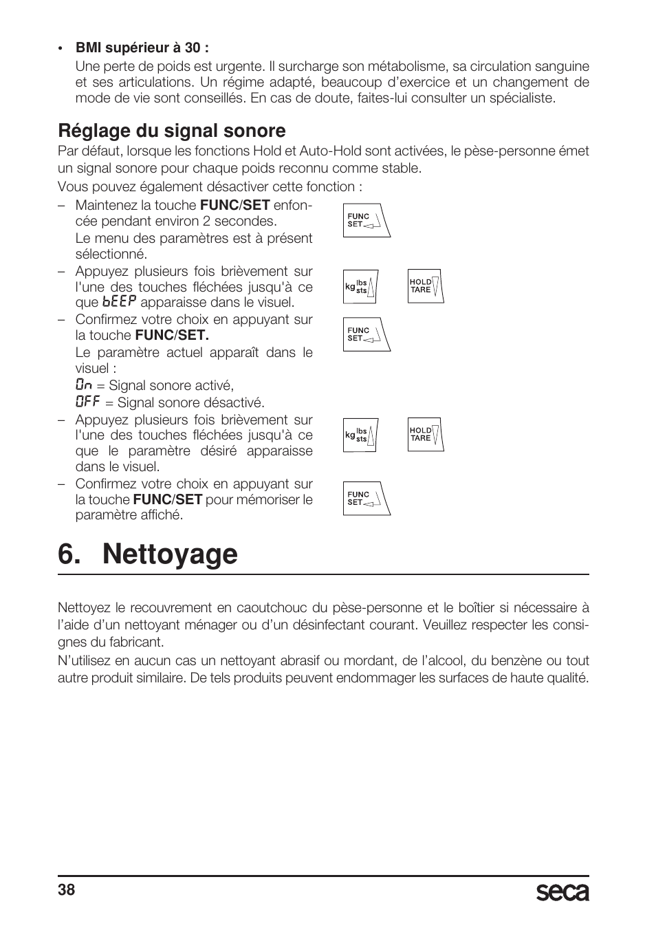 Réglage du signal sonore, Nettoyage | Seca 703 User Manual | Page 38 / 102