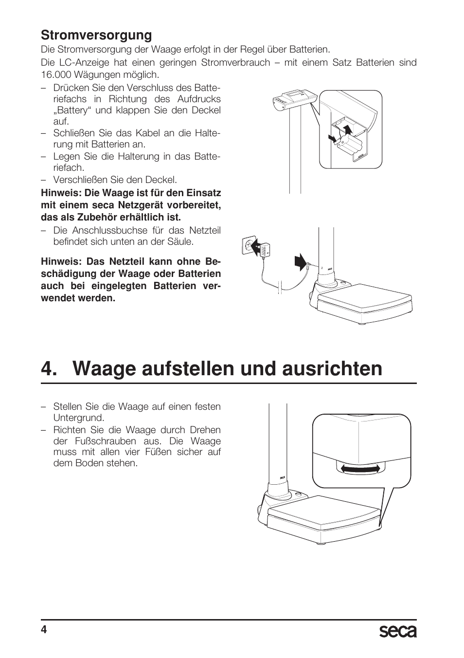 Stromversorgung, Waage aufstellen und ausrichten | Seca 703 User Manual | Page 4 / 102