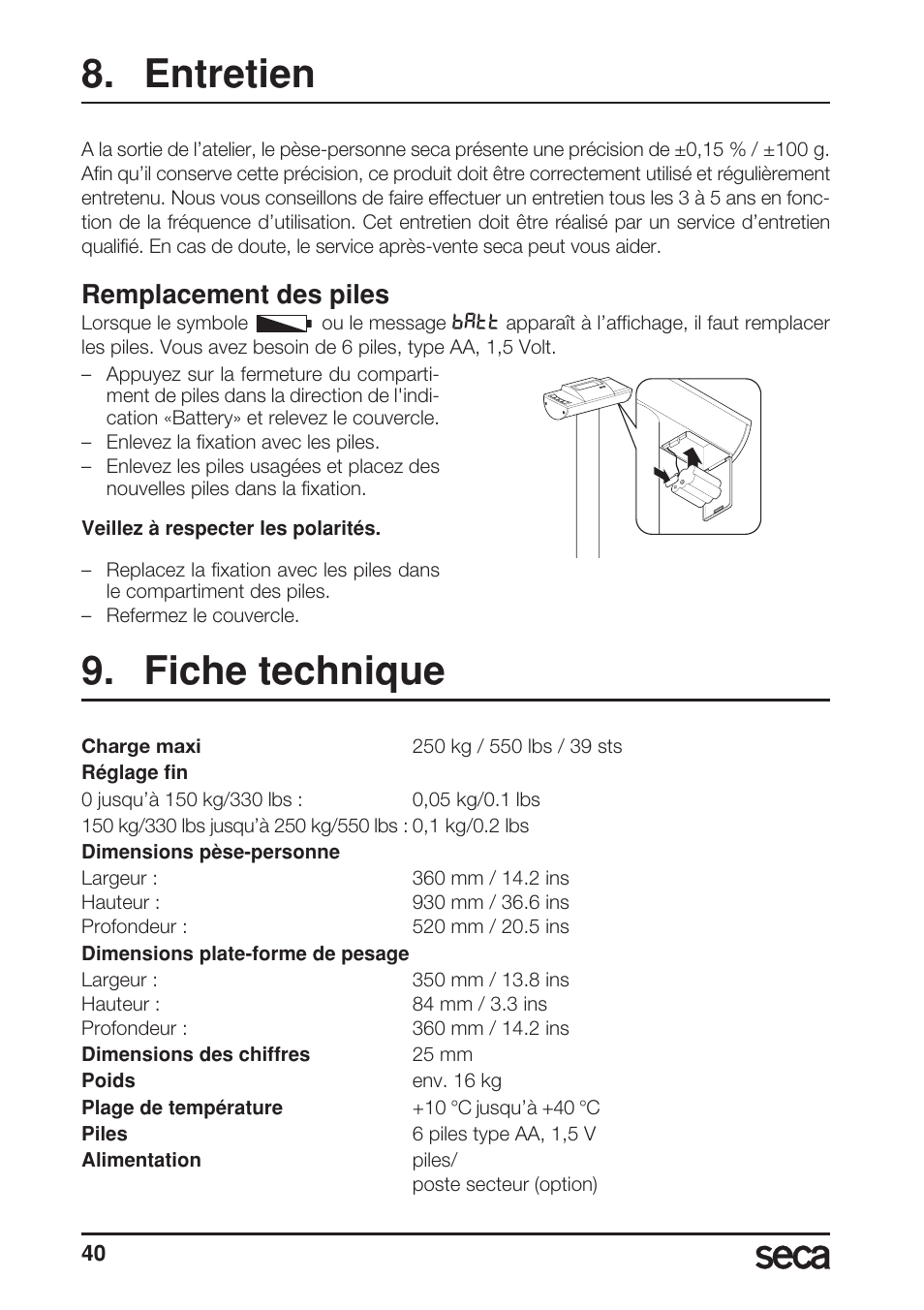 Entretien, Remplacement des piles, Fiche technique | Seca 703 User Manual | Page 40 / 102
