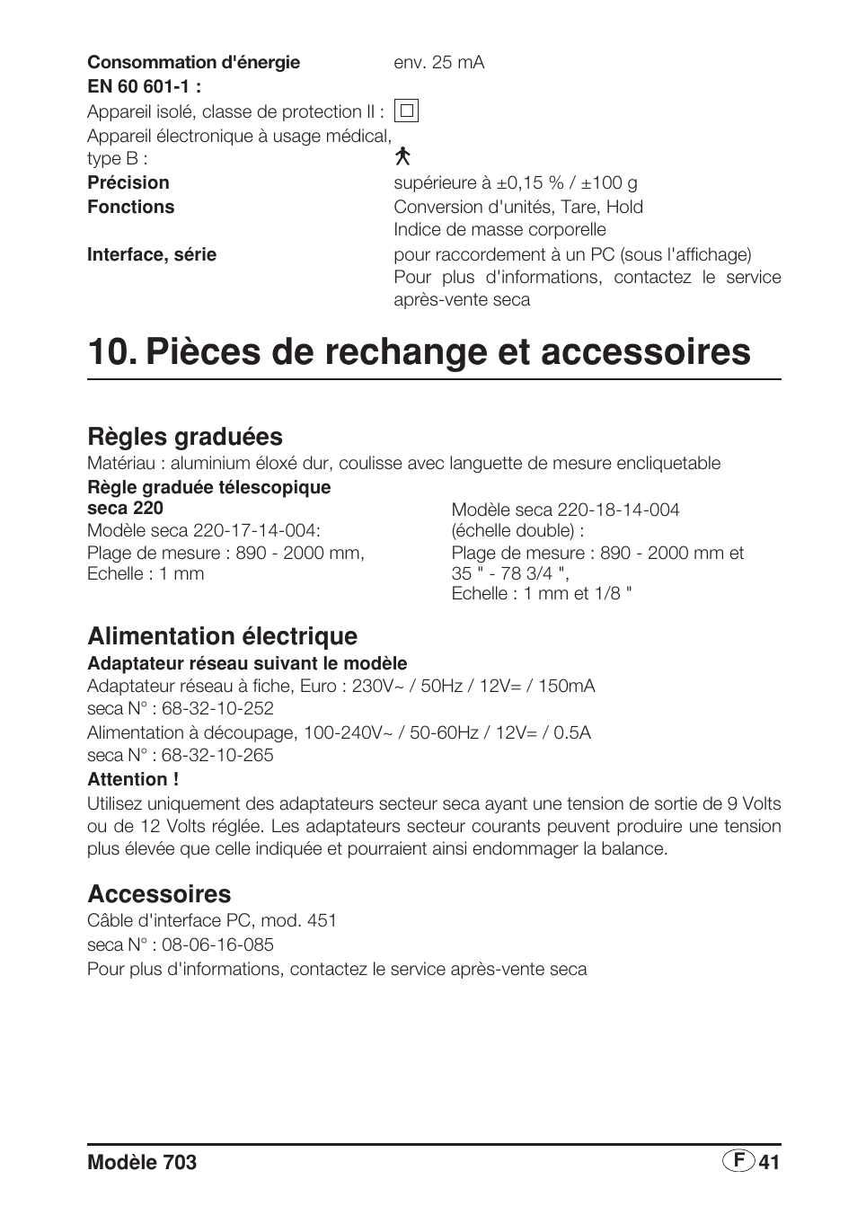 Pièces de rechange et accessoires, Règles graduées, Alimentation électrique | Accessoires | Seca 703 User Manual | Page 41 / 102