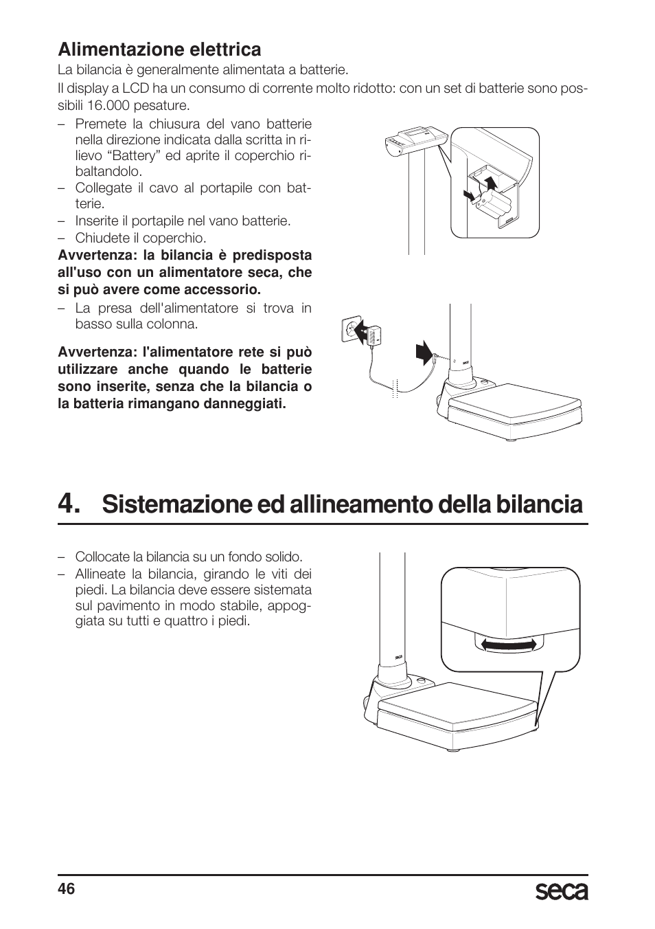 Sistemazione ed allineamento della bilancia, Alimentazione elettrica | Seca 703 User Manual | Page 46 / 102