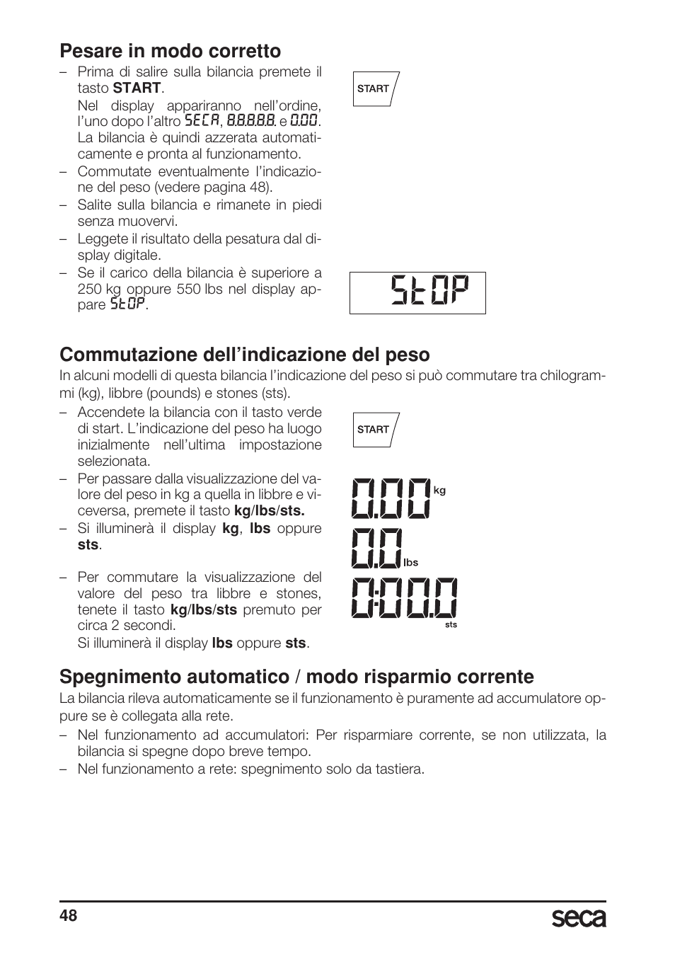 Pesare in modo corretto, Commutazione dell’indicazione del peso, Spegnimento automatico / modo risparmio corrente | Seca 703 User Manual | Page 48 / 102