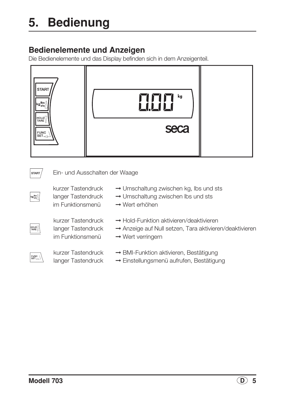 Bedienung, Bedienelemente und anzeigen | Seca 703 User Manual | Page 5 / 102