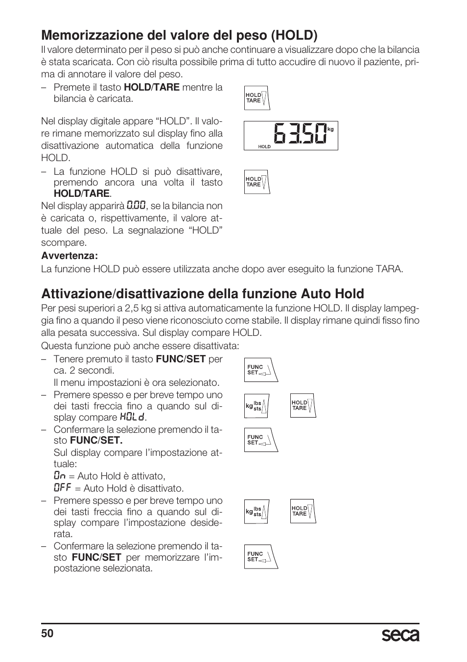 Memorizzazione del valore del peso (hold) | Seca 703 User Manual | Page 50 / 102
