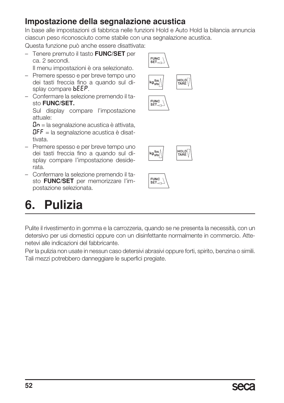 Impostazione della segnalazione acustica, Pulizia | Seca 703 User Manual | Page 52 / 102