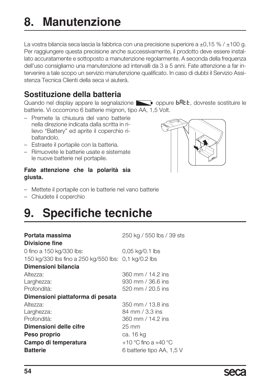 Manutenzione, Sostituzione della batteria, Specifiche tecniche | Seca 703 User Manual | Page 54 / 102