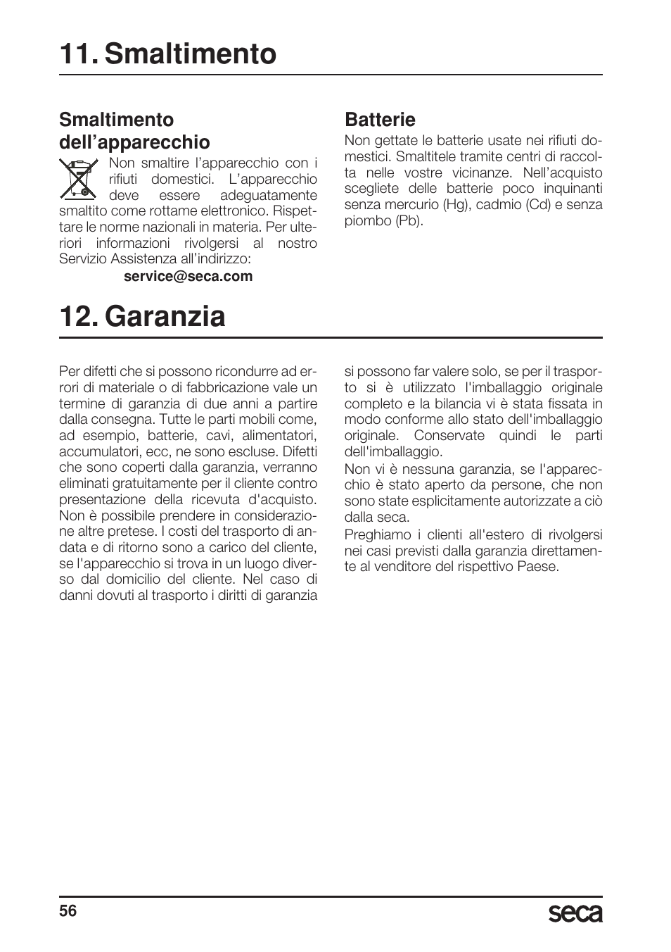 Smaltimento, Smaltimento dell’apparecchio, Batterie | Garanzia | Seca 703 User Manual | Page 56 / 102