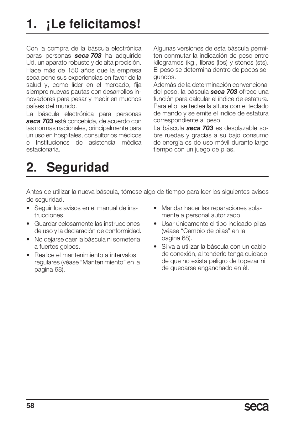 Español, ¡le felicitamos, Seguridad | Seca 703 User Manual | Page 58 / 102