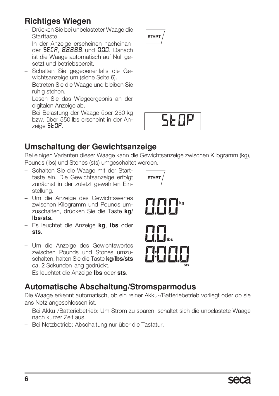 Richtiges wiegen, Umschaltung der gewichtsanzeige, Automatische abschaltung/stromsparmodus | Seca 703 User Manual | Page 6 / 102