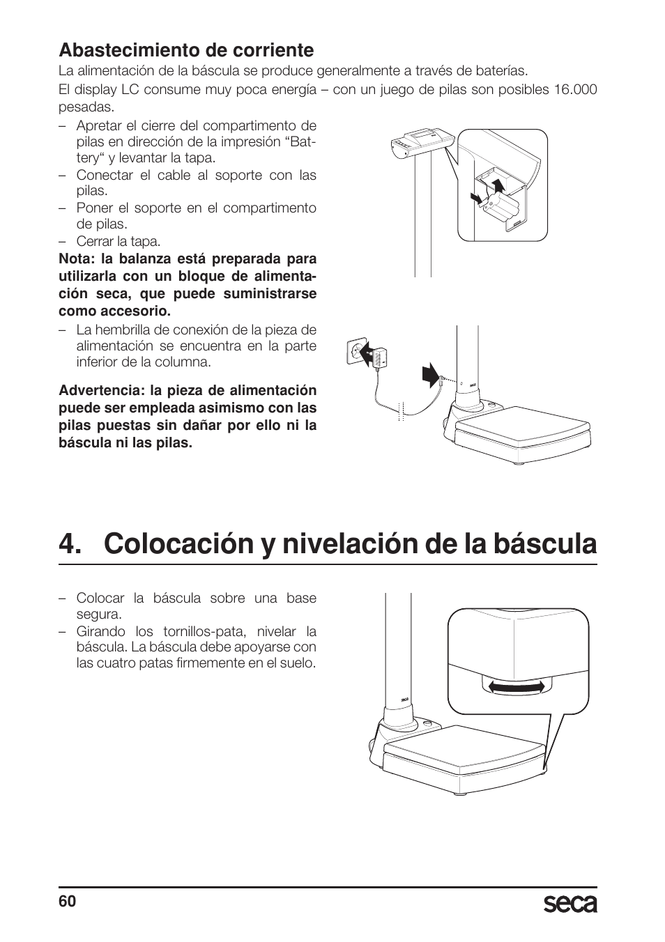 Colocación y nivelación de la báscula, Abastecimiento de corriente | Seca 703 User Manual | Page 60 / 102