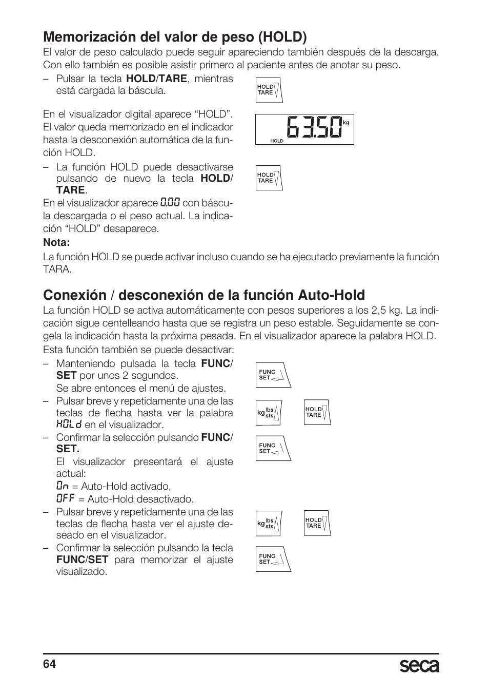 Memorización del valor de peso (hold), Conexión / desconexión de la función auto-hold | Seca 703 User Manual | Page 64 / 102