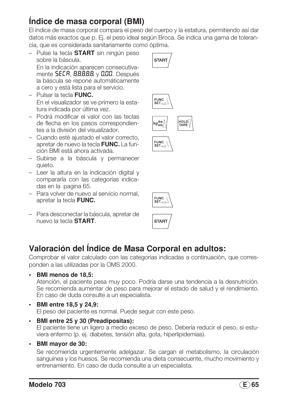 Índice de masa corporal (bmi), Valoración del índice de masa corporal en adultos | Seca 703 User Manual | Page 65 / 102