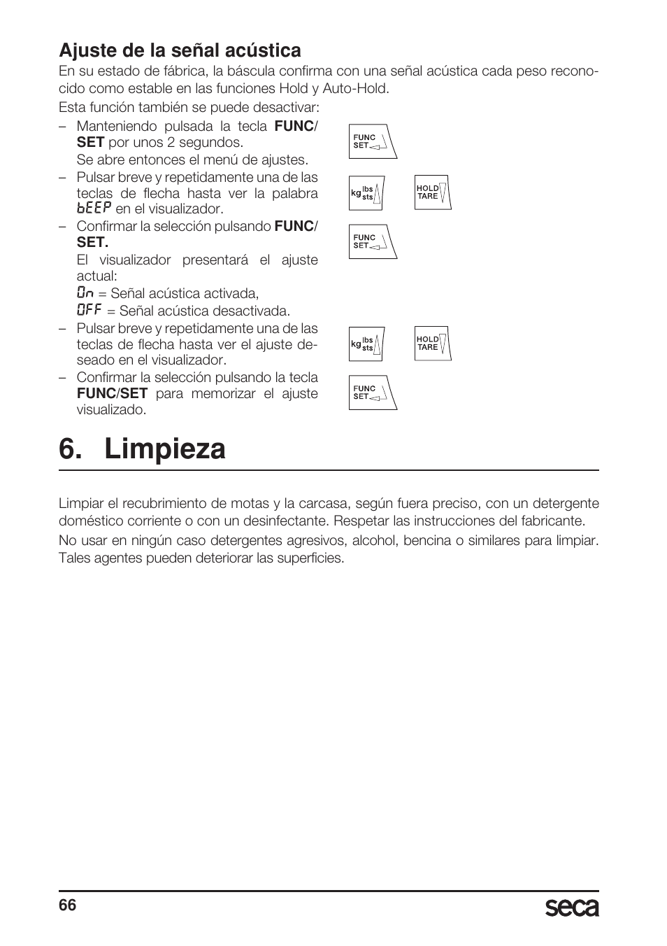 Ajuste de la señal acústica, Limpieza | Seca 703 User Manual | Page 66 / 102