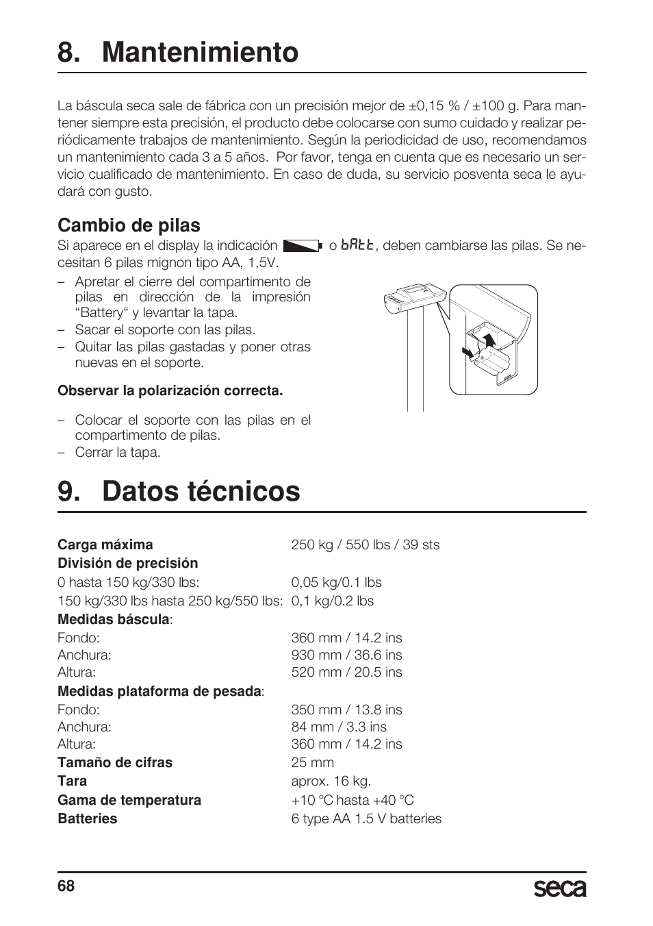 Mantenimiento, Cambio de pilas, Datos técnicos | Seca 703 User Manual | Page 68 / 102