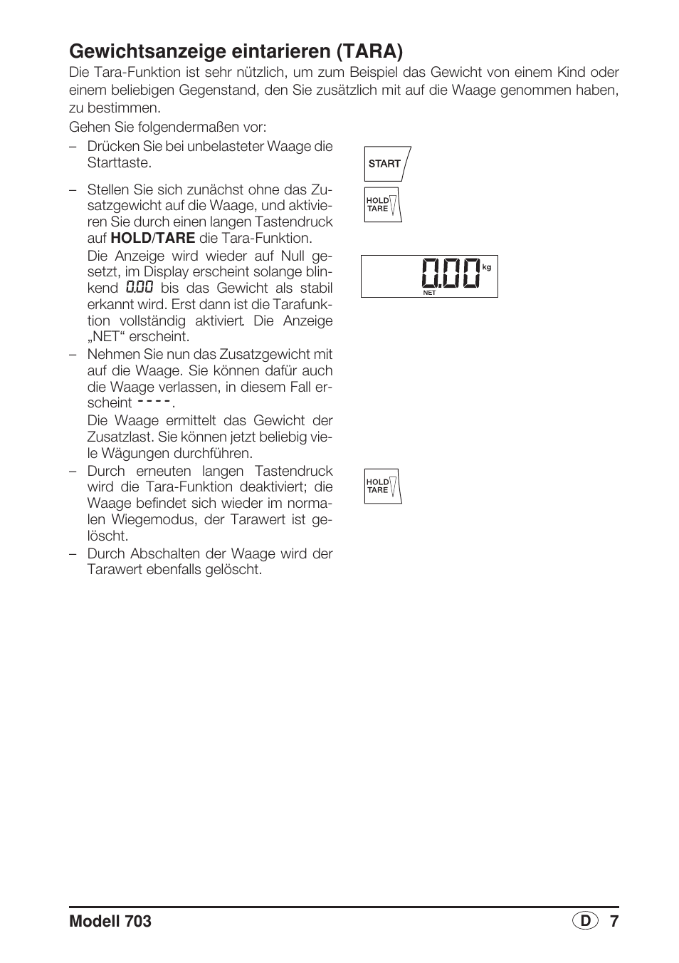 Gewichtsanzeige eintarieren (tara) | Seca 703 User Manual | Page 7 / 102