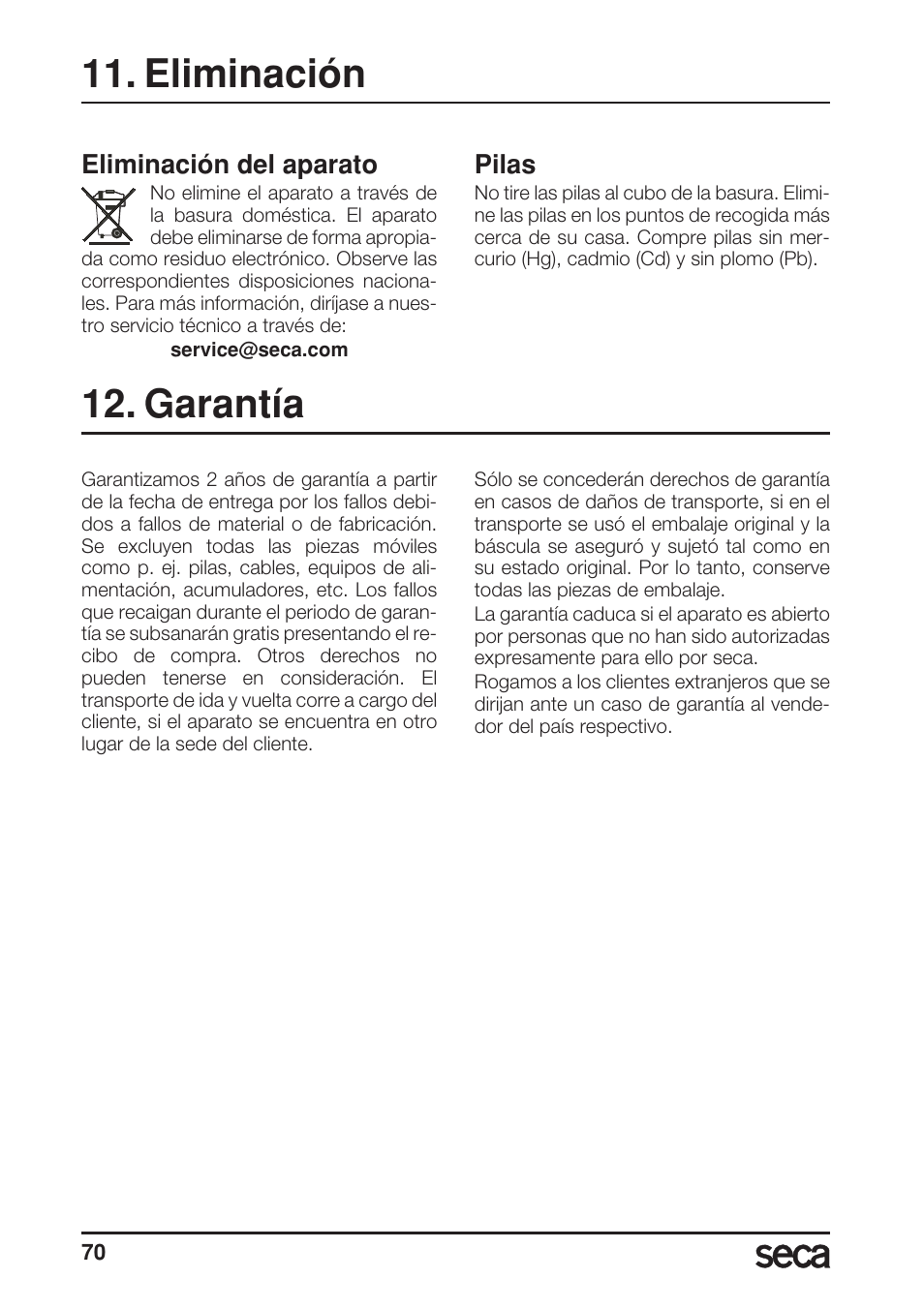 Eliminación, Eliminación del aparato, Pilas | Garantía | Seca 703 User Manual | Page 70 / 102
