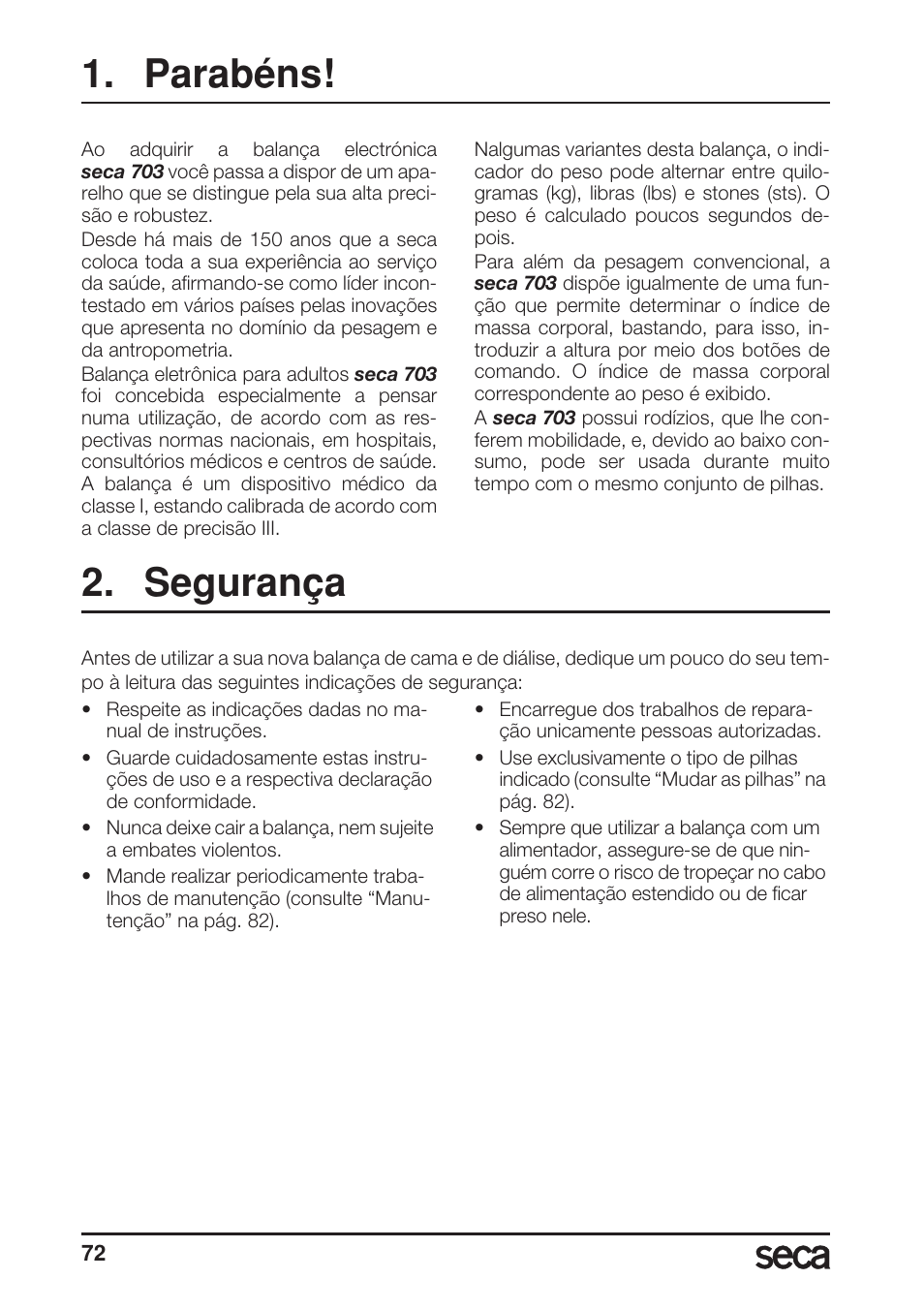 Português, Parabéns, Segurança | Seca 703 User Manual | Page 72 / 102