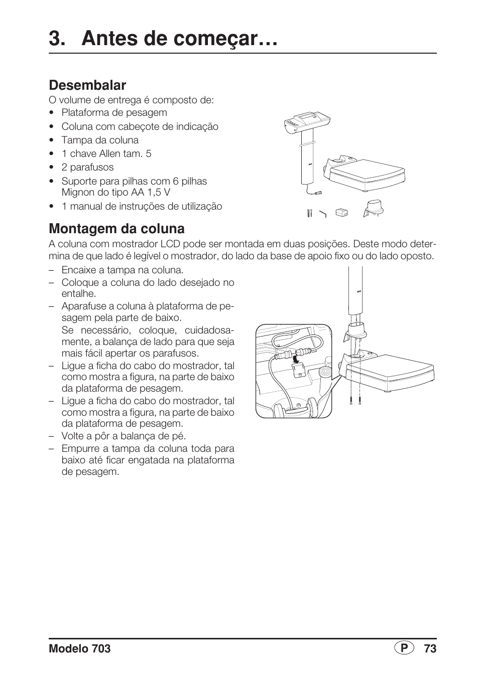 Antes de começar, Desembalar, Montagem da coluna | Seca 703 User Manual | Page 73 / 102