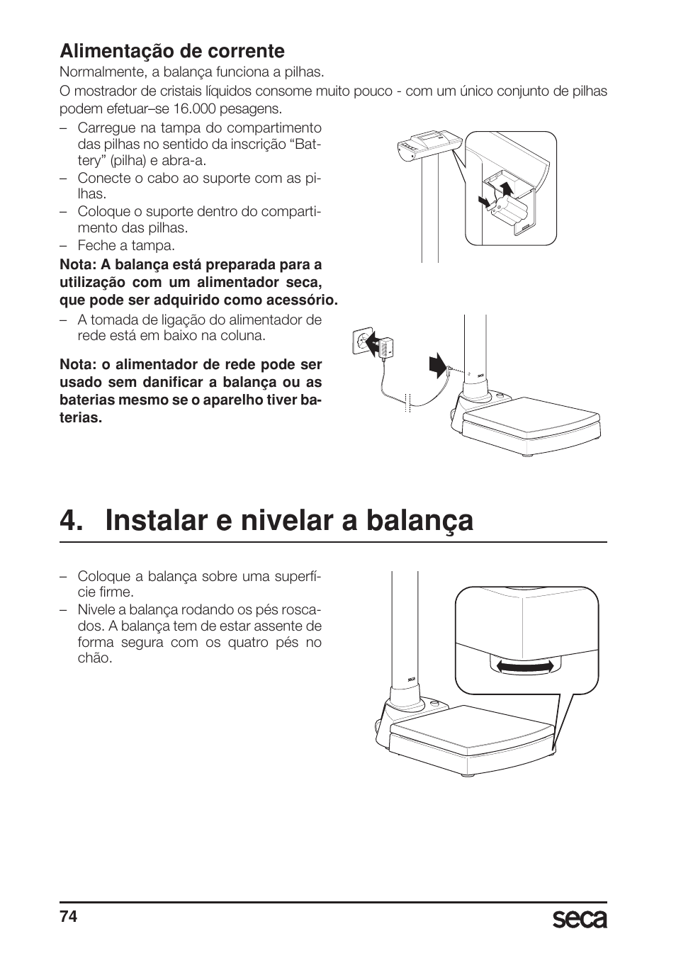 Alimentação de corrente, Instalar e nivelar a balança | Seca 703 User Manual | Page 74 / 102