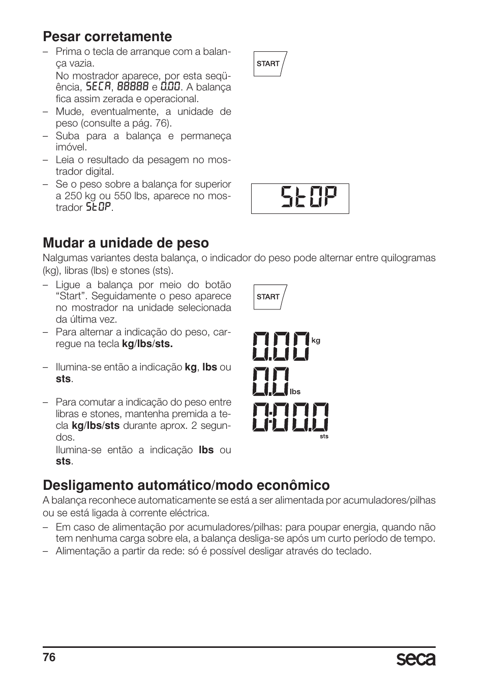 Pesar corretamente, Mudar a unidade de peso, Desligamento automático/modo econômico | Seca 703 User Manual | Page 76 / 102