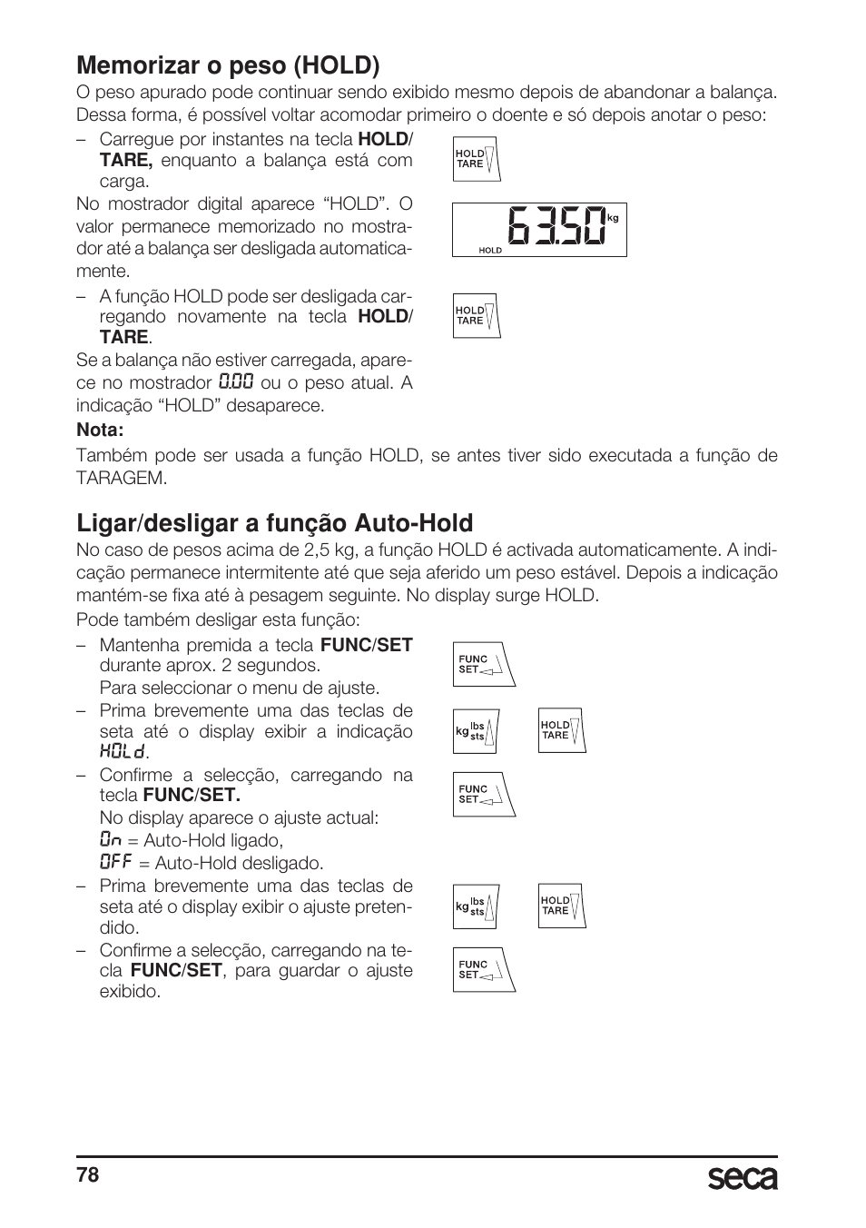 Memorizar o peso (hold), Ligar/desligar a função auto-hold | Seca 703 User Manual | Page 78 / 102