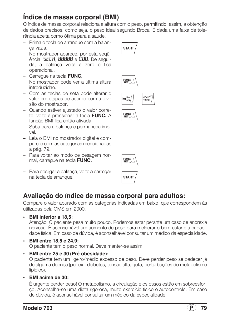 Índice de massa corporal (bmi), Avaliação do índice de massa corporal para adultos | Seca 703 User Manual | Page 79 / 102