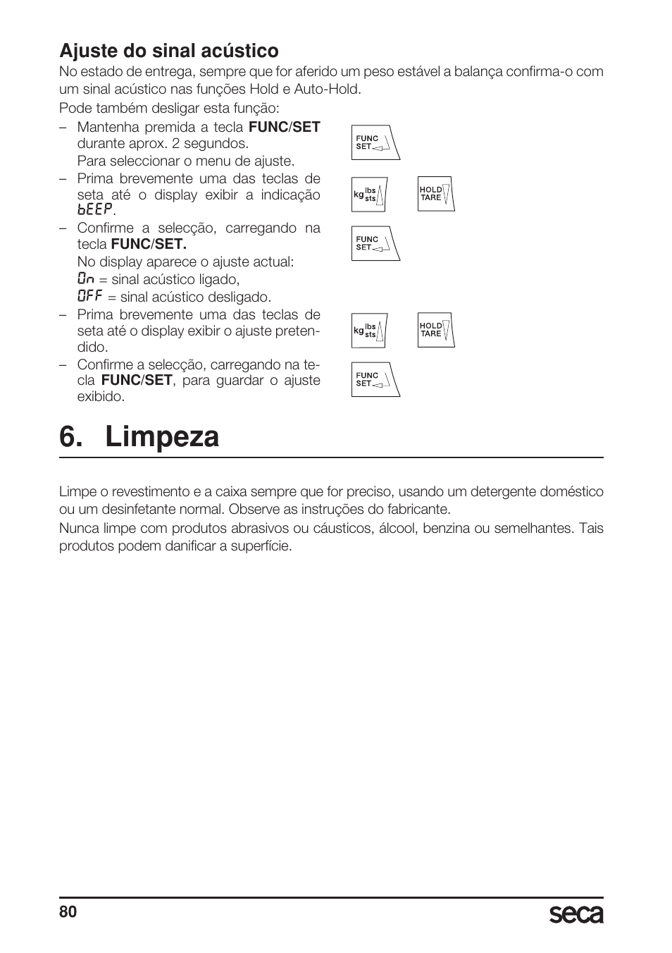 Ajuste do sinal acústico, Limpeza | Seca 703 User Manual | Page 80 / 102