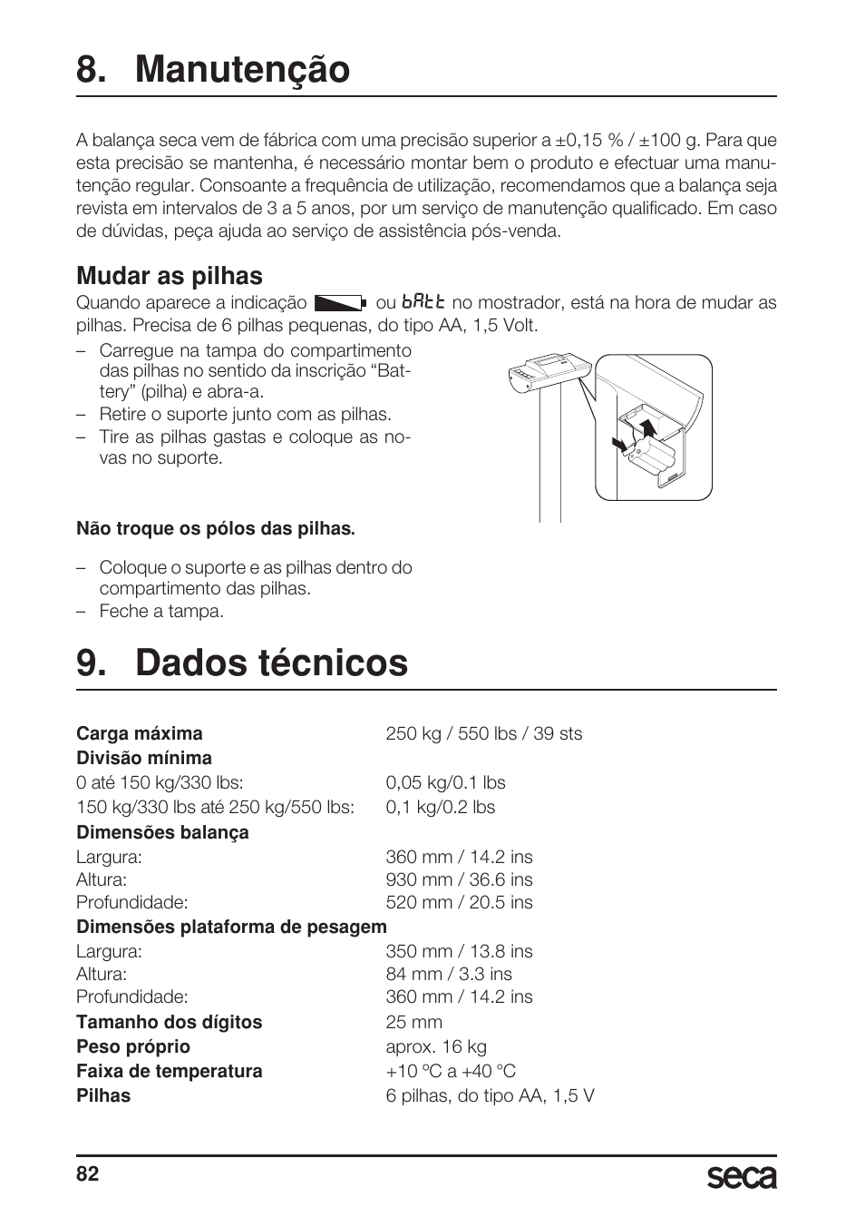 Manutenção, Mudar as pilhas, Dados técnicos | Seca 703 User Manual | Page 82 / 102