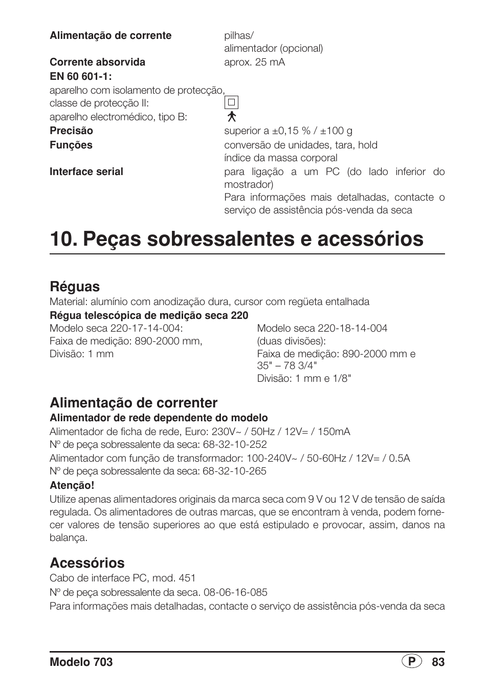 Peças sobressalentes e acessórios, Réguas, Alimentação de correnter | Acessórios | Seca 703 User Manual | Page 83 / 102