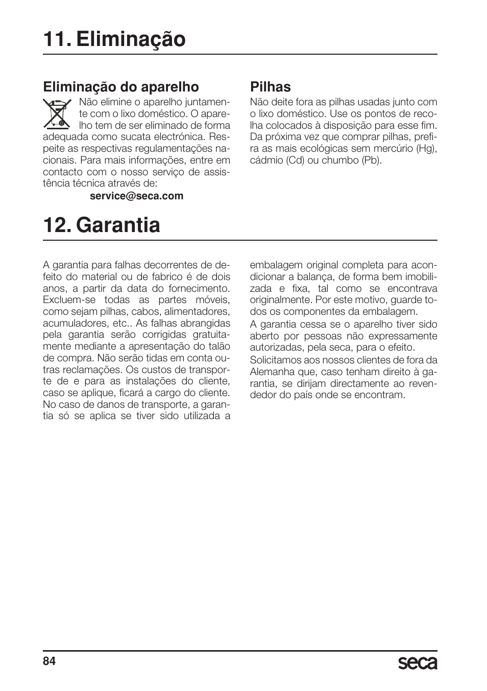 Eliminação, Eliminação do aparelho, Pilhas | Garantia | Seca 703 User Manual | Page 84 / 102