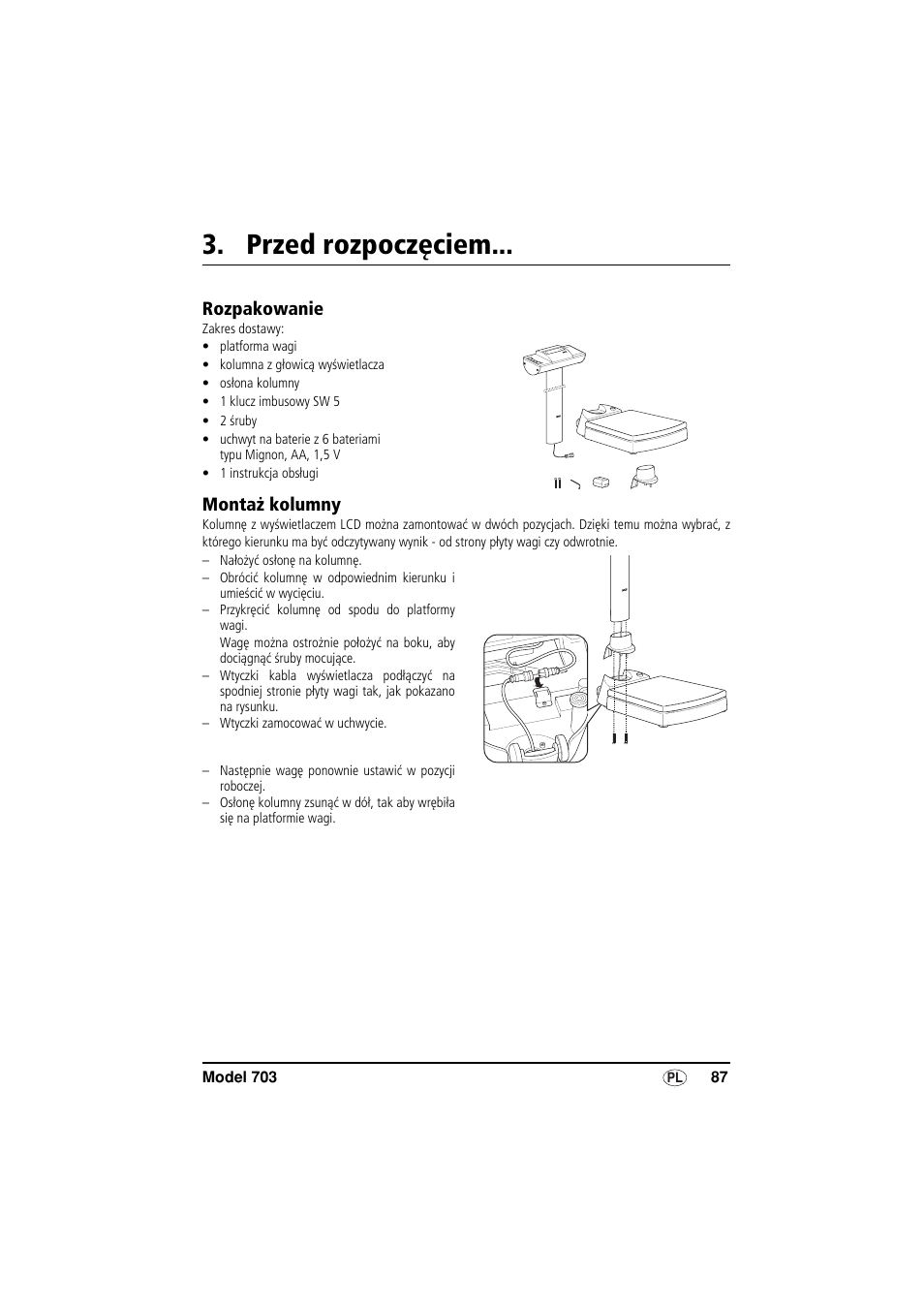 Przed rozpoczęciem, Rozpakowanie, Montaż kolumny | Seca 703 User Manual | Page 87 / 102