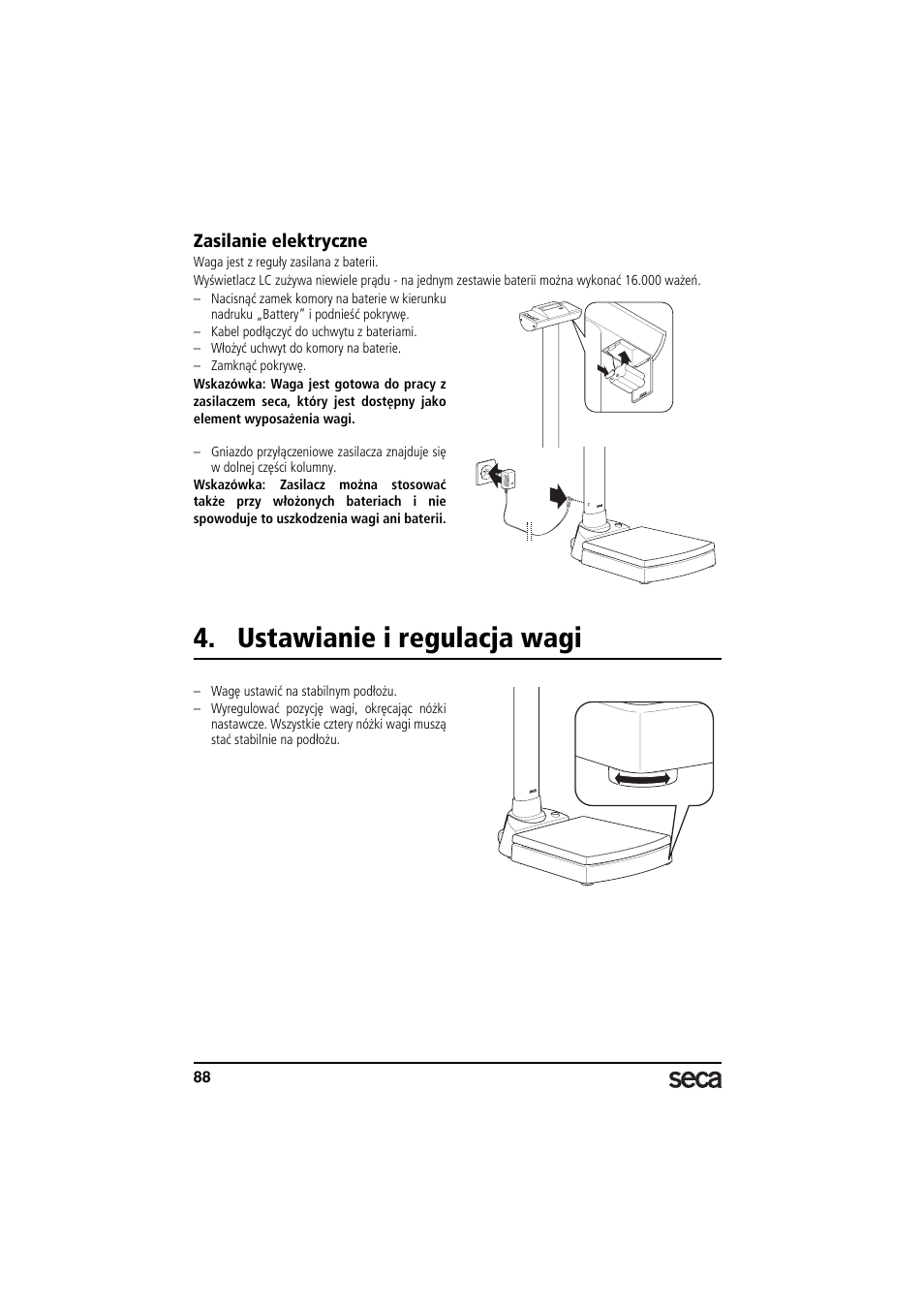 Zasilanie elektryczne, Ustawianie i regulacja wagi | Seca 703 User Manual | Page 88 / 102