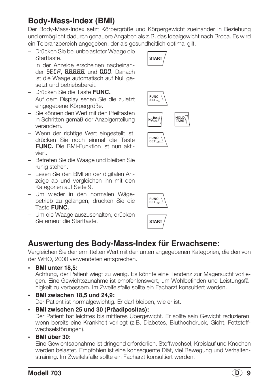 Body-mass-index (bmi), Auswertung des body-mass-index für erwachsene | Seca 703 User Manual | Page 9 / 102